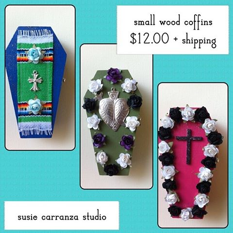 mini wood coffins, hand painted and embellished Dia de los Muertos style