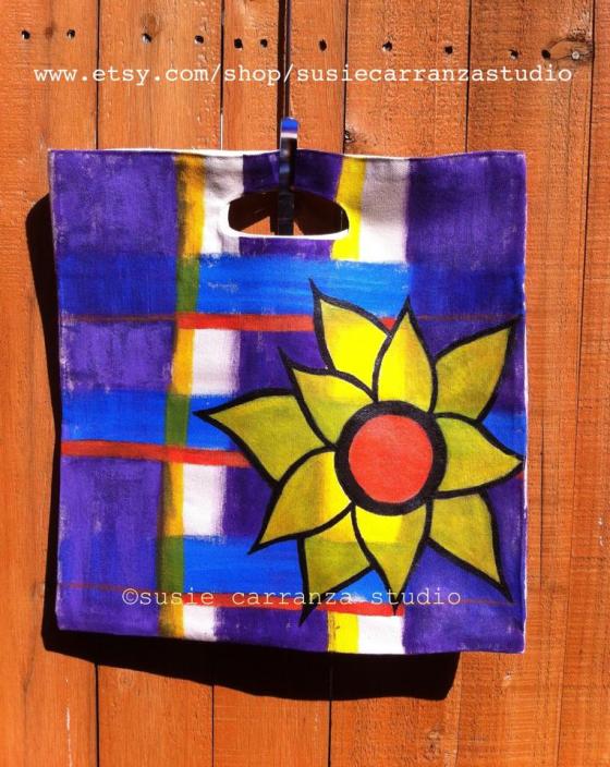 hand painted canvas tote/purple & blue plaid, sunflower