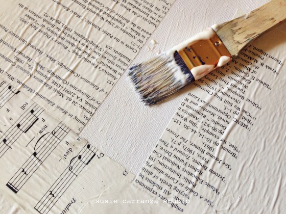 prepping canvas (music book pages) - susie carranza studio 