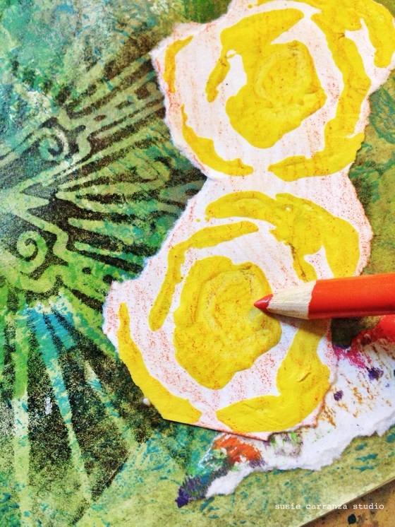 colored pencils over stamped paint adds color texture and contrast...