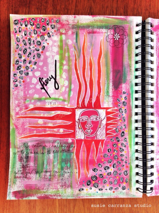 "fiery" journal page (Balzer Designs face stencil) - susie carranza studio