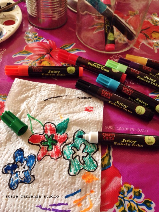 Doodling ideas on a napkin with Crafty Chica Juicy Fabric Inks...