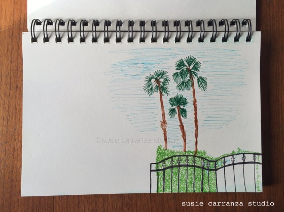 Drawing palm trees while poolside at Palm Springs - susie carranza studio