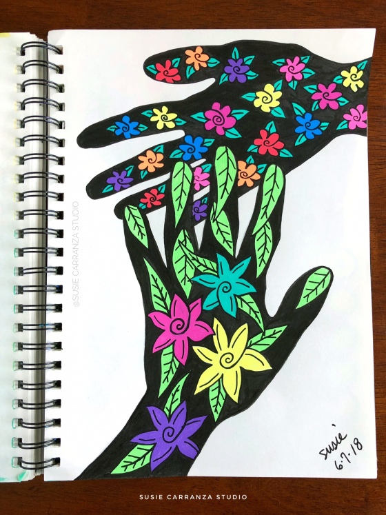 “flowery hands” art journal page - susie carranza studio 